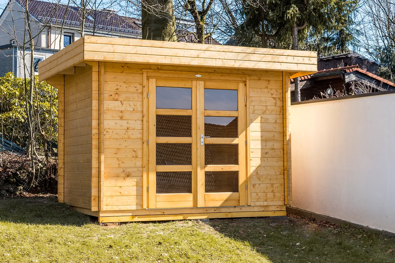 Holz Gartenhaus mit Pultdach und verglaster Doppeltür