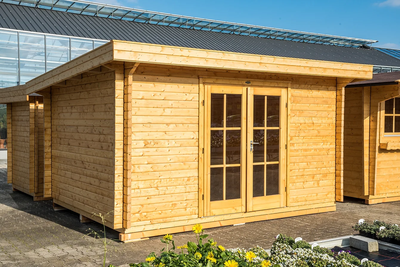 Holz Gartenhaus mit Pultdach und verglaster Doppeltür